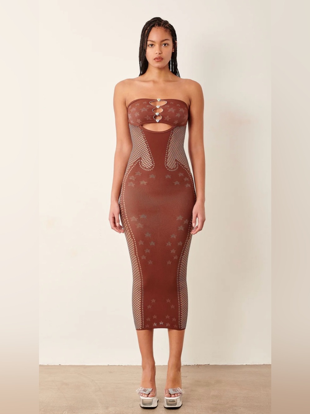 New! Poster Girl Roxie Dress Old Money Brown Stretch Bodycon Midi Dress 🤎🤠 OS - Picture 3 of 13